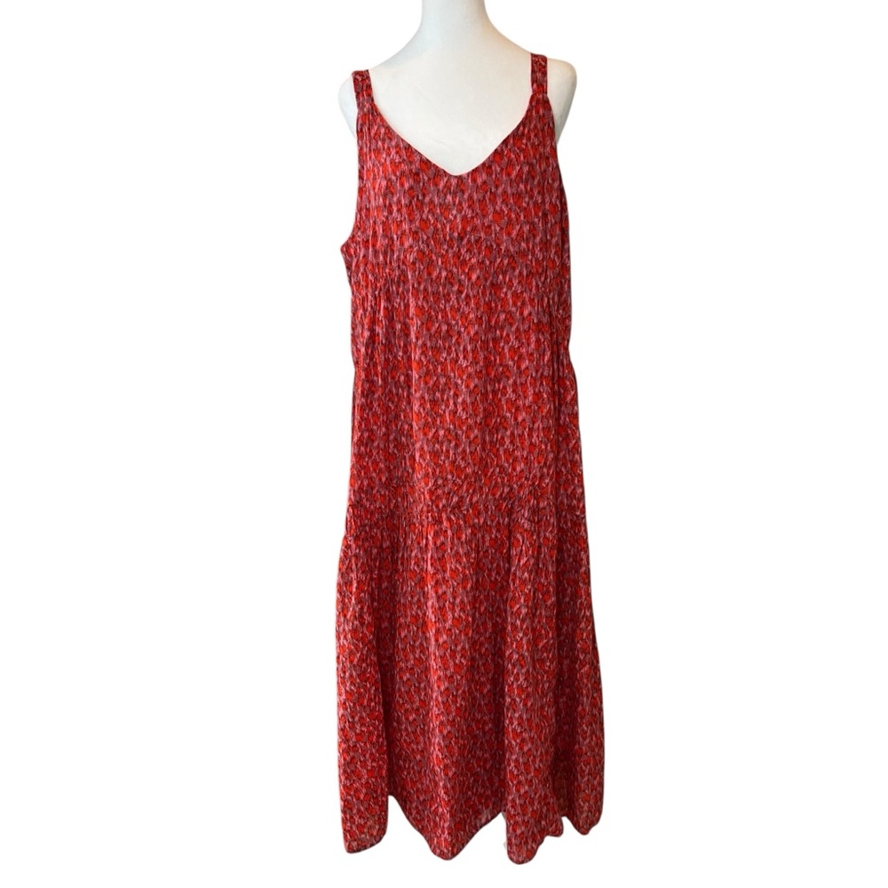 Joie XL Tiered Sleeveless Maxi Flowing Summer Dress Tea Rose Red 100% Cotton - Picture 2 of 15